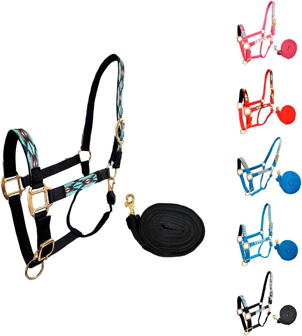 Tahoe Tack Patterned Nylon Adjustable Horse Halters with Padded Noseband and Matching 10’ Soft Grip Lead Rope