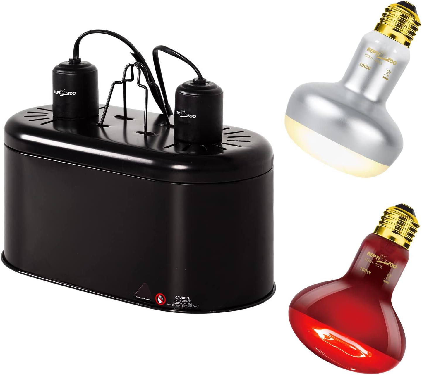 REPTI ZOO Reptile Dual Lamp Fixture Heat Lamp Bulb Combo Pack Includes 100W UVA Daylight Heating Lamp and 100W Infrared Heat Emitter Infrared Basking Spot