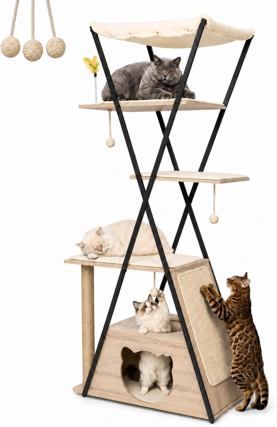 71″ Modern Wood Cat Tree for Large Cats – Heavy Duty Tall Cat Tower for Indoor Cats, Multi-Level Cat Furniture with Spacious Condo, Large Perch, Scratching Posts & Hammock(Washed Grey)