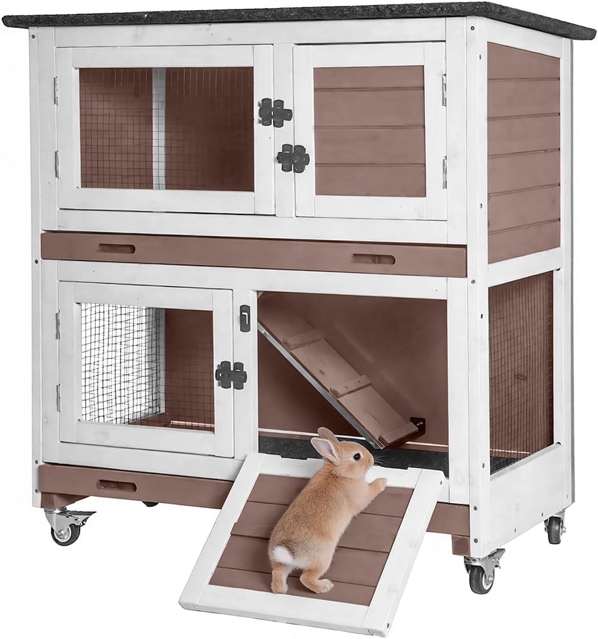 GUTINNEEN 2-Story Rabbit Hutch for 1-2 Bunnies – Indoor Outdoor Wooden Guinea Pig Cages with 4 Wheels, 2 Pull-Out Trays, 5 Doors & Waterproof Asphalt Roof, Brown