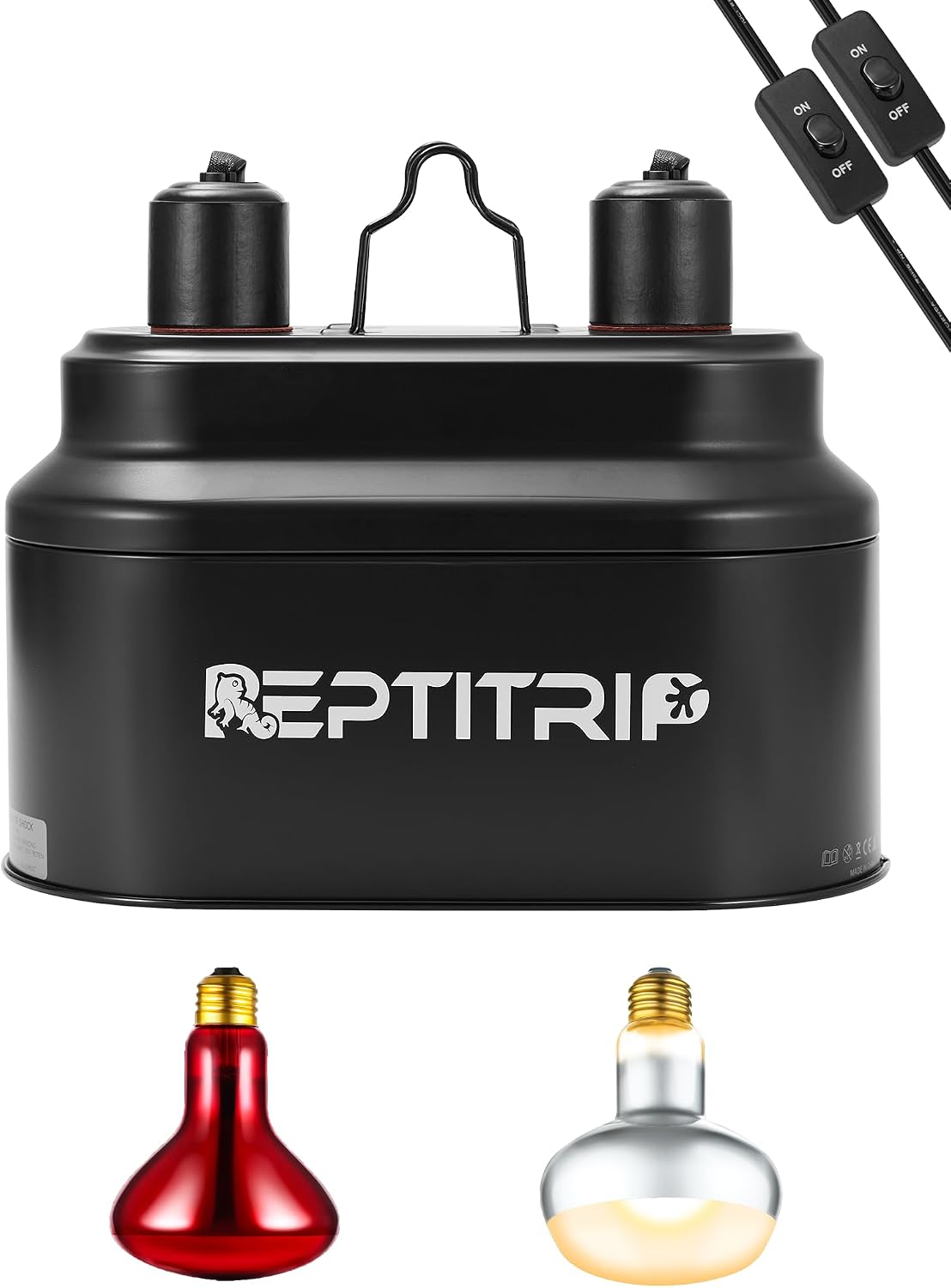 REPTITRIP Dual Reptile Lamp Fixture with 100W Daytime Heat & 100W Nighttime Infrared Heat Bulbs, 2 Independent Switches, Reptile Heat Lamp Combo Pack – No UVB