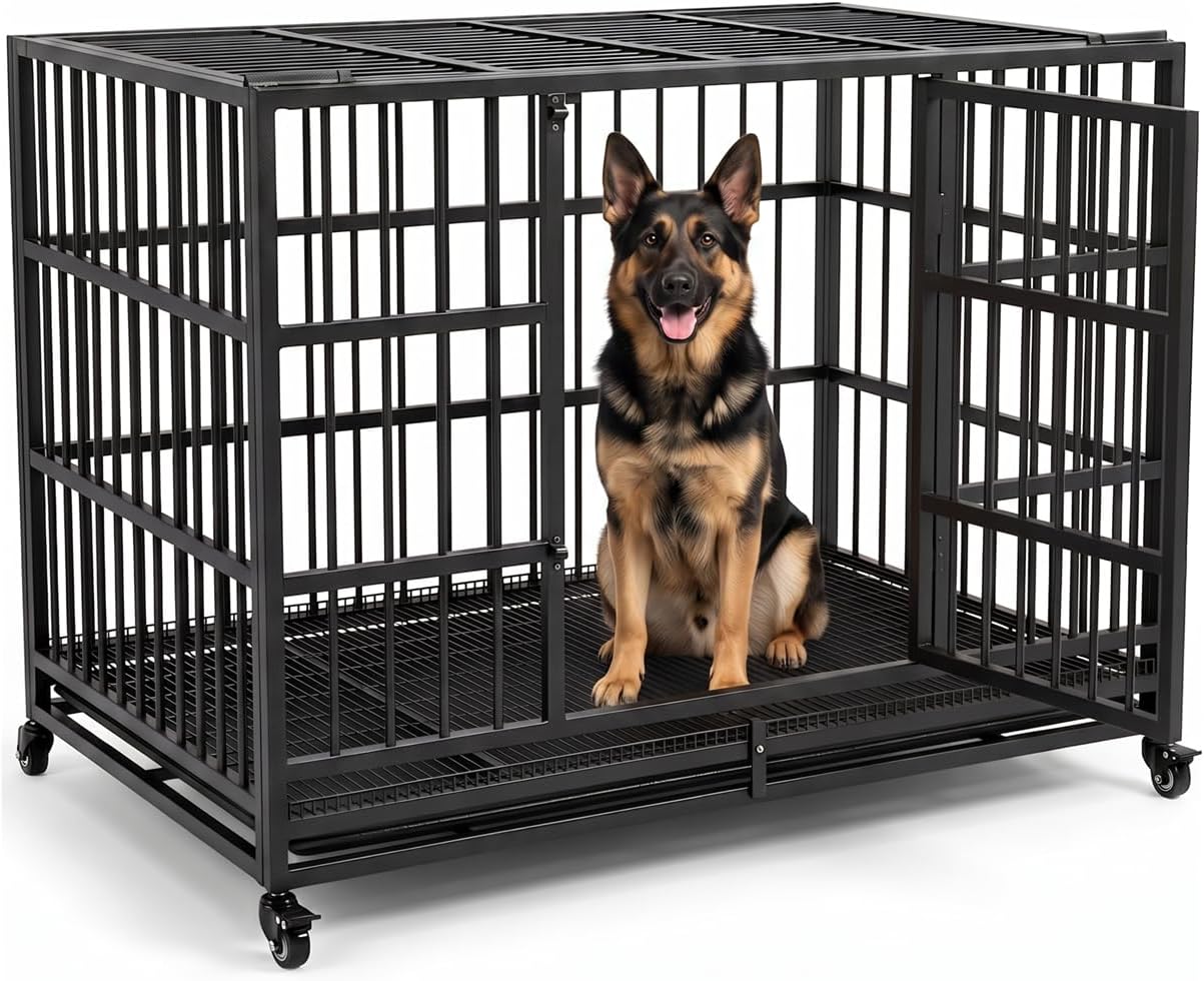 KOKOTANGS 42 Inch Heavy Duty Dog Crate Cage with Wheels, Indestructible and Escape Proof Steel Kennel Indoor for High Anxiety Dogs with Sturdy Locks, Double Door and Tray, Extra Large XL XXL, Black
