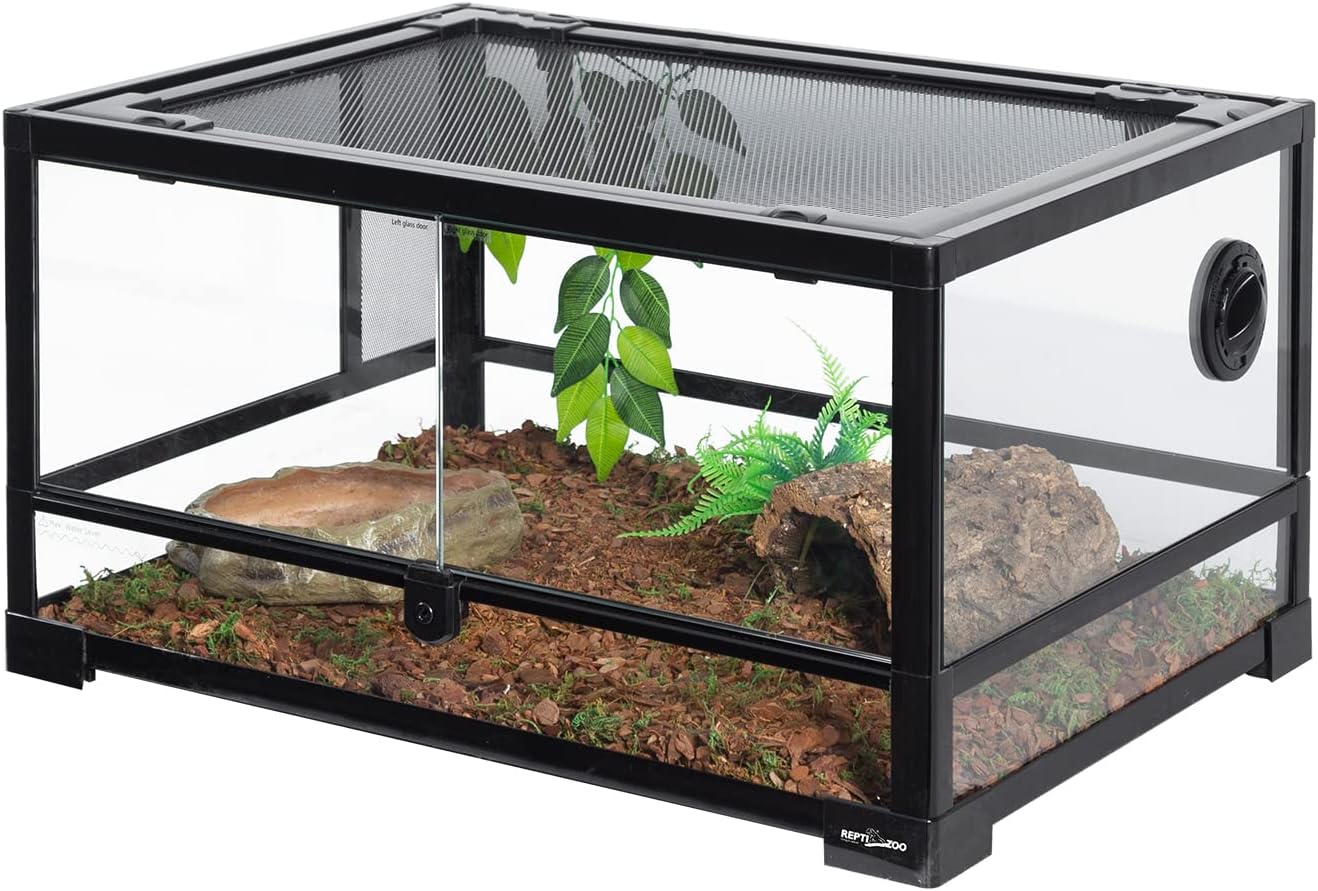 REPTI ZOO Full Glass 20 Gallon Reptile Tank, Front Opening Reptile Terrarium 24″ x 18″x 12″, Double Hinged Opening Doors & Top Screen Ventilation Escape Proof Lid