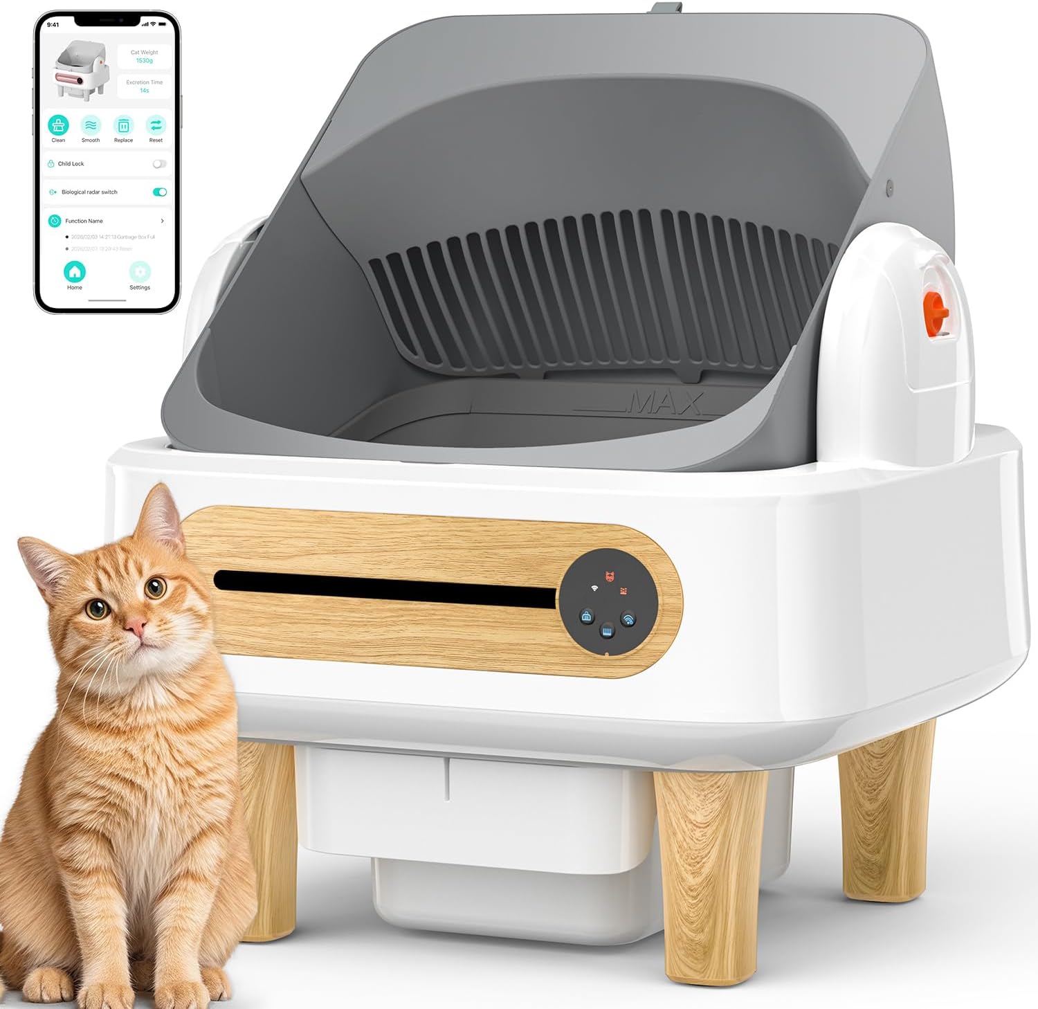 RPZ Automatic Cat Litter Box Self Cleaning, Robot Litter Box for Multiple Large Cats, Open Top Auto App Control Ultra-Quiet, Durable, Keep Home Freshness, Wood Grain