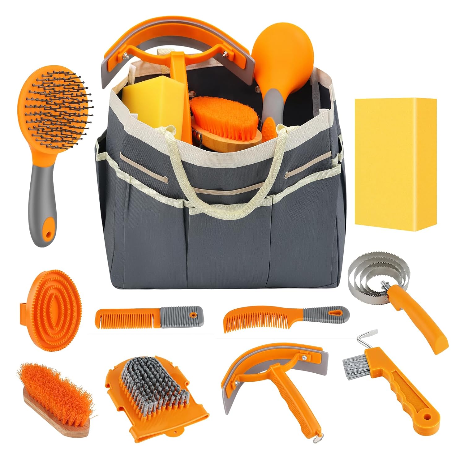Horse Grooming Kit, 12-Piece Horse Brush Set with Storage Tote, Grey