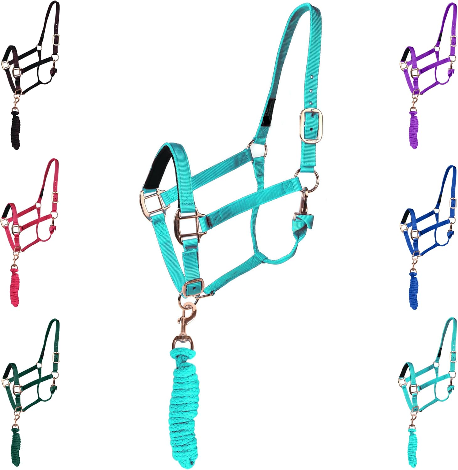 Majestic Ally Halter with Lead Rope for Horses–Adjustable Chin and Crown–Rolled Throat Latch with Replaceable Snap–Padded Noseband–Heavy Duty Rose Gold Finish Hardware