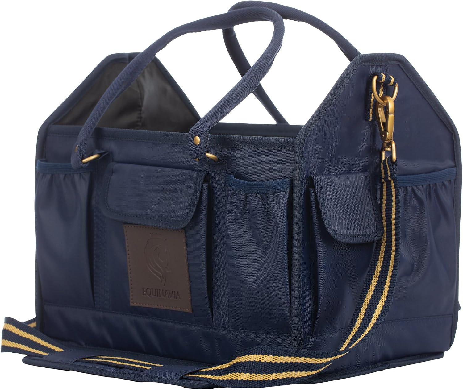 Equinavia Darby Large Collapsible Grooming Tote Bag for Horses, Dogs, Cats | Organizer with Shoulder Strap | 9″ x 13″ x 12″ – Navy/Gold – One Size