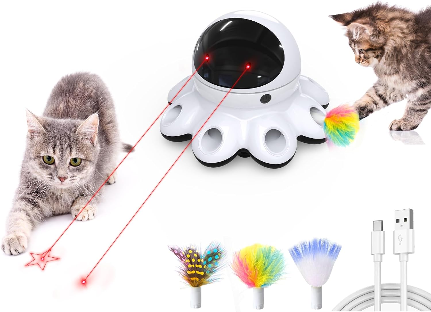 ORSDA Cat Laser Toy, 2-in-1 Interactive Automatic Motion Activated Moving 8 Holes Whack A Mole Feather, USB Rechargeable Electronic Smart Sensor Kitten Toys for Indoor Exercise