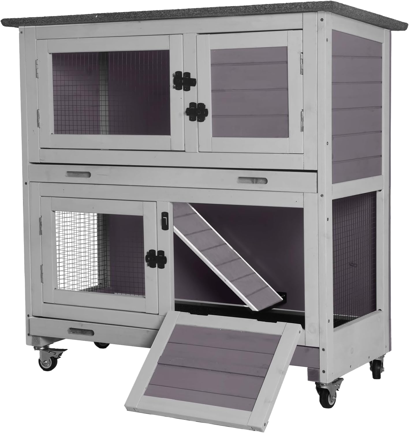 GUTINNEEN Rabbit Hutch Indoor Mobile Outdoor Bunny Cage with Openable Middle Door, Two Story Guinea Pig Cage with Wheels, 36″ L x 17.7″ W x 36.4″ H Grey