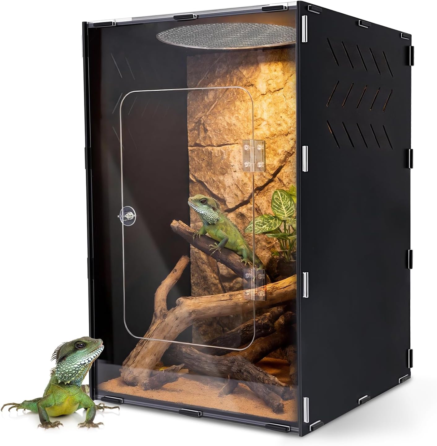 Reptile Tank Enclosure, Reptile Terrarium Acrylic Front Opening with Metal Translucent Mesh Top for Crested Gecko Lizards, Snakes, Chameleon (25Gallon)