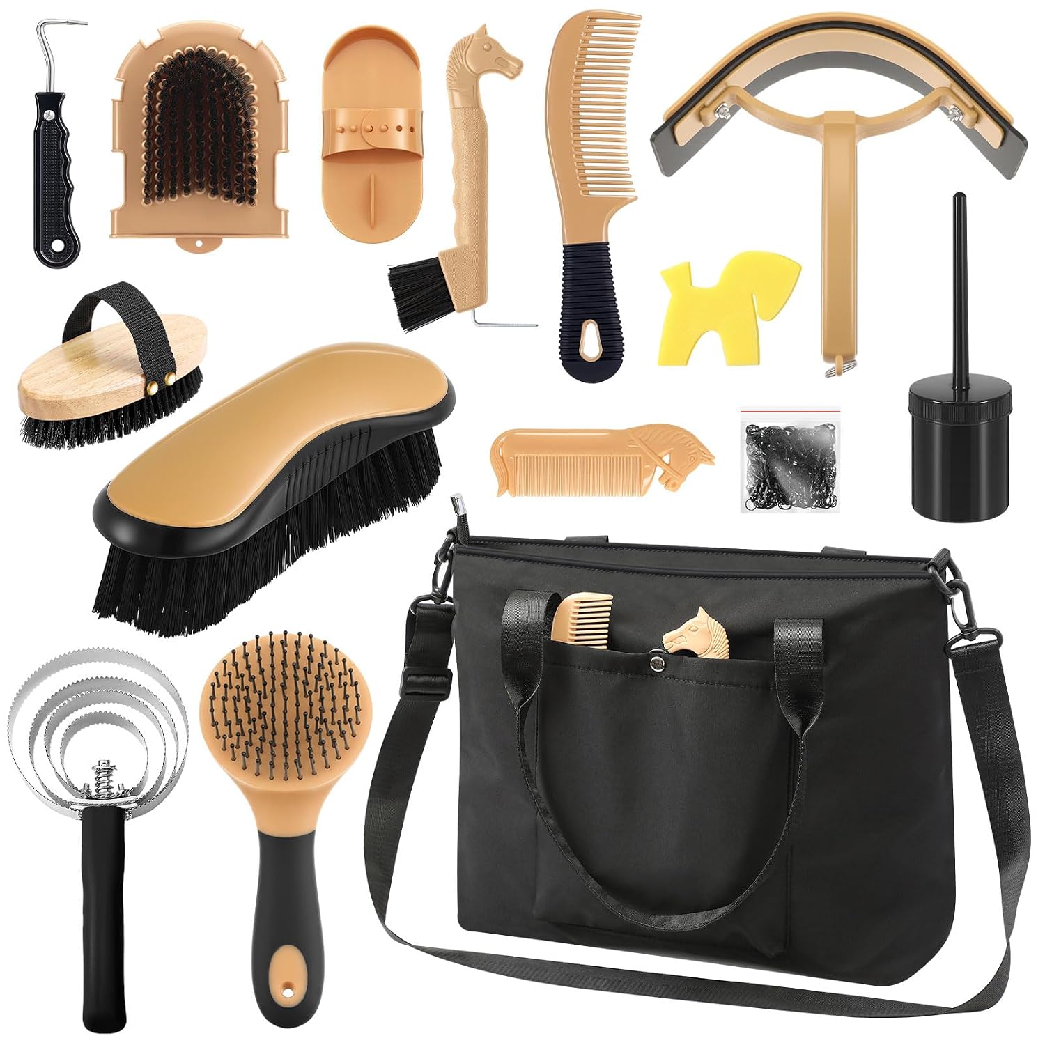 Abbylike 15 Pieces Horse Grooming Kit with Organizer Tote Bag Tack Room Supplies Horse Brush Sets Care Equine Cleaning Kit Shedding Grooming Massaging Tools(Black)