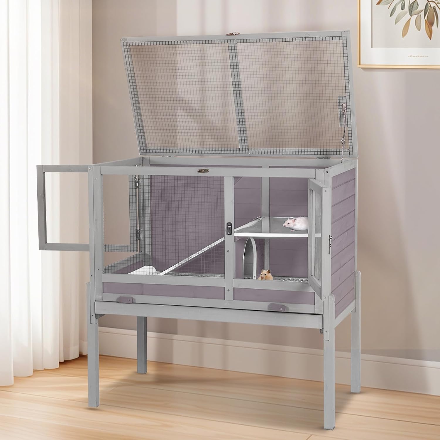 Wooden Guinea Pig Cages Indoor,Two-Story Wooden Rabbit Cage Hutch with Removable Stand and Pull Out Tray, Small Animals Cage Habitat with Ramp and Plastic Mesh(Grey&Purple)