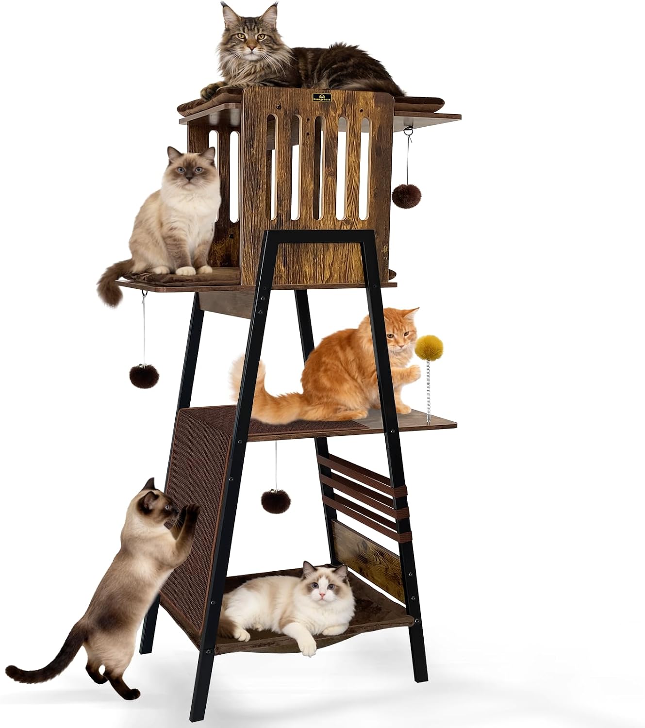 57 Inch Multi-Level Modern Cat Tree Tower with Hammock & Scratching Ramp – Wooden Heavy-Duty Cat Tower for Large Cats & Multi-Cat Households, Easy to Clean (Brown)