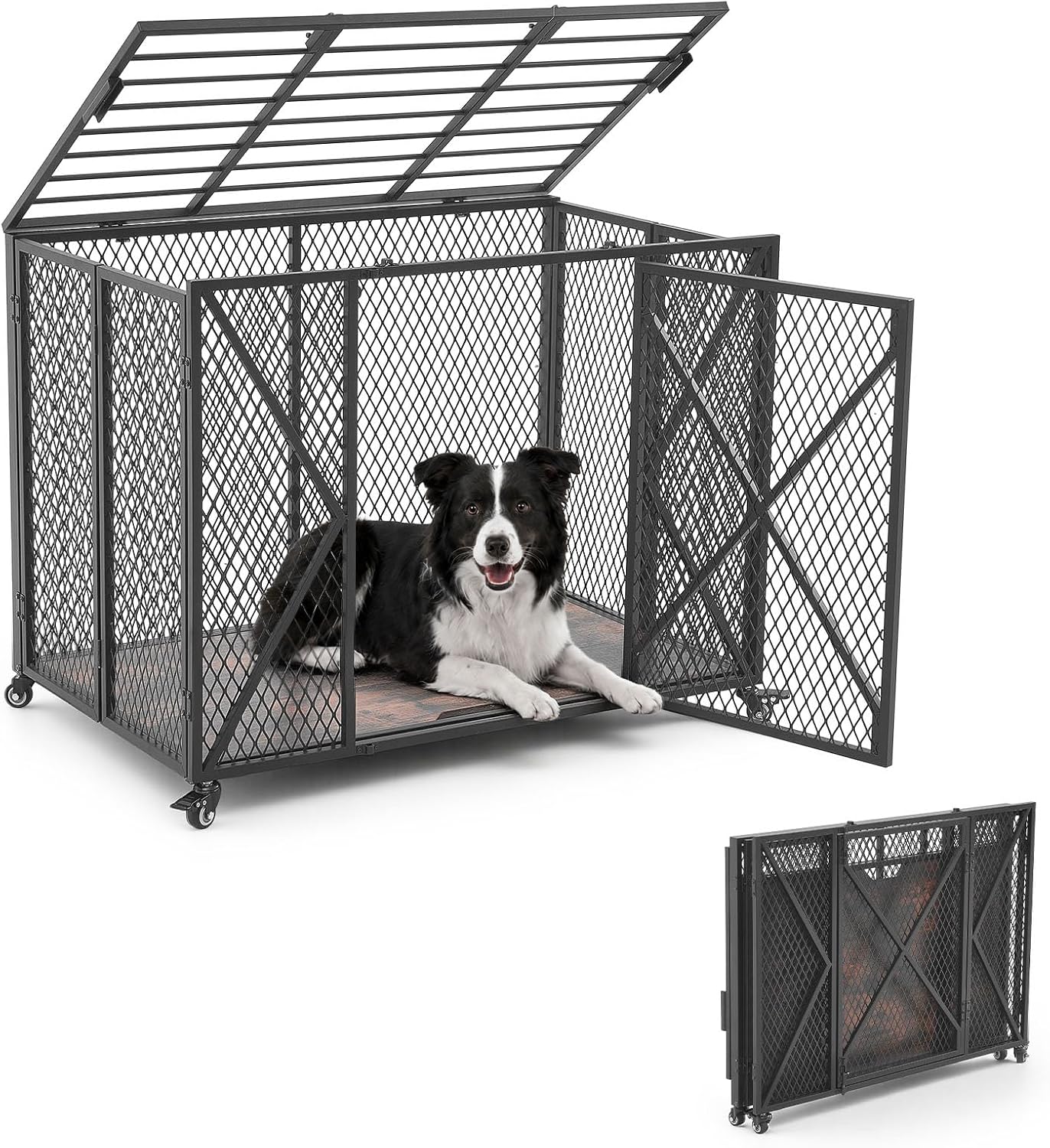 VEVOR 38 Inch Heavy Duty Dog Crate, Max Load 250 lbs, Foldable Indestructible Escape-Proof Dog Kennel Indoor for High Anxiety Small & Medium Breeds, Steel Pet Cage with Double Doors & Lockable Wheels