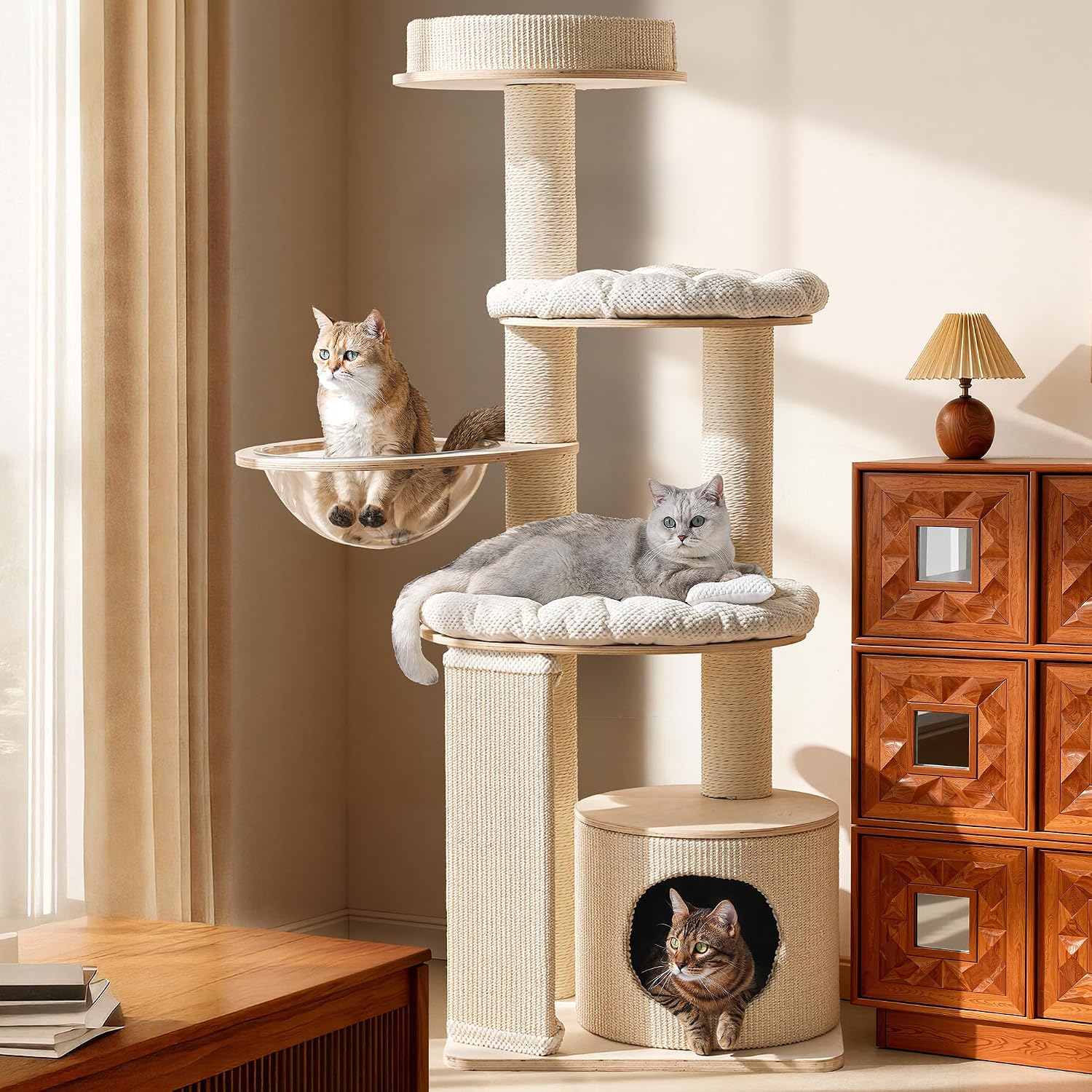 Sopapets Modern Luxury Wood Cat Tree Tower for Large Cats, Wooden Cat Tower with Scratching Posts, Hammock, Oversized Perch and Private Condo for Indoor Cats