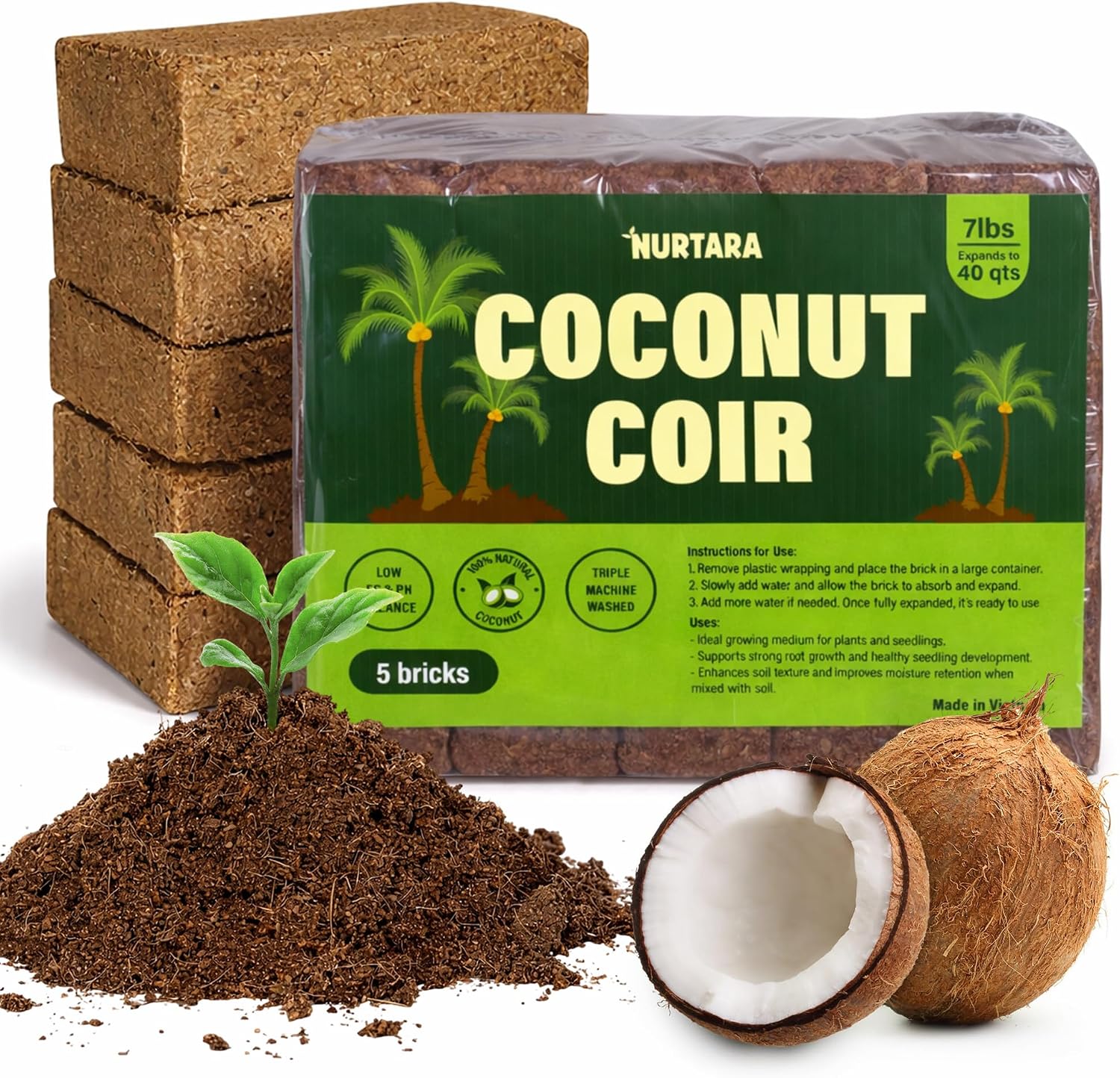 Coconut Coir Bricks, 5 Pack, 7lbs Coco Peat for Plants and Reptiles