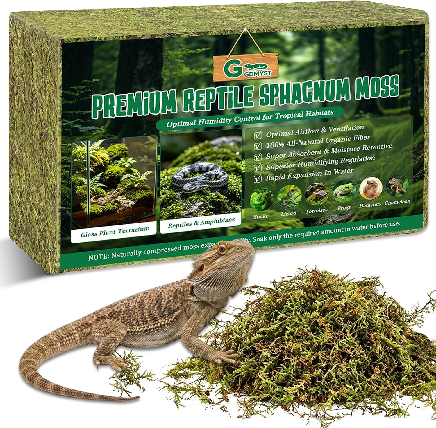 1 LB Sphagnum Moss for Reptiles, 25QT Natural Sphagnum Compressed Moss for Reptile Moss Bedding, Leopard Gecko, Snake, Turtles, Amphibians, Tank Bedding, Terrarium Humidity Control Substrate