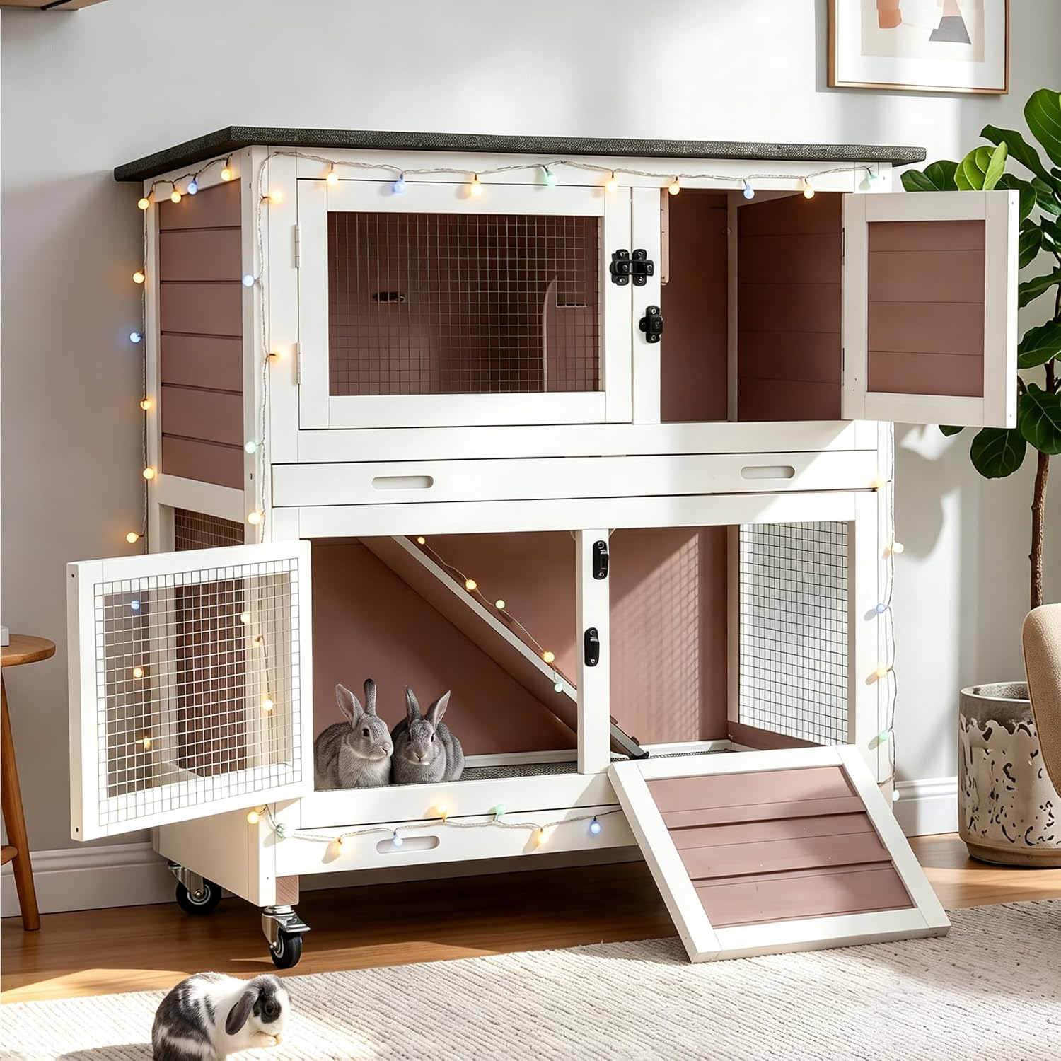 Suumerpety 36″ 2-Story Wooden Rabbit Hutch with Chew-Proof Ramp, Double Leak-Proof Pull-Out Trays & 4 Lockable Wheels, Indoor Outdoor Bunny Cage for Rabbits & Guinea Pigs (Brown)