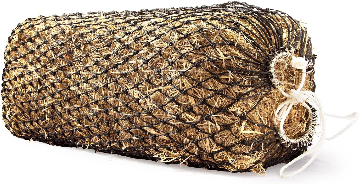 Bloomoak Slow Hay Net Feeder for Horses, Durable Soft Black PE 2/3 String Hay Bales Bags, Fit 36x18x18 to 47x25x17 Inches, Extends 50-64 Inches (2 1.6″ Hole/1PC)