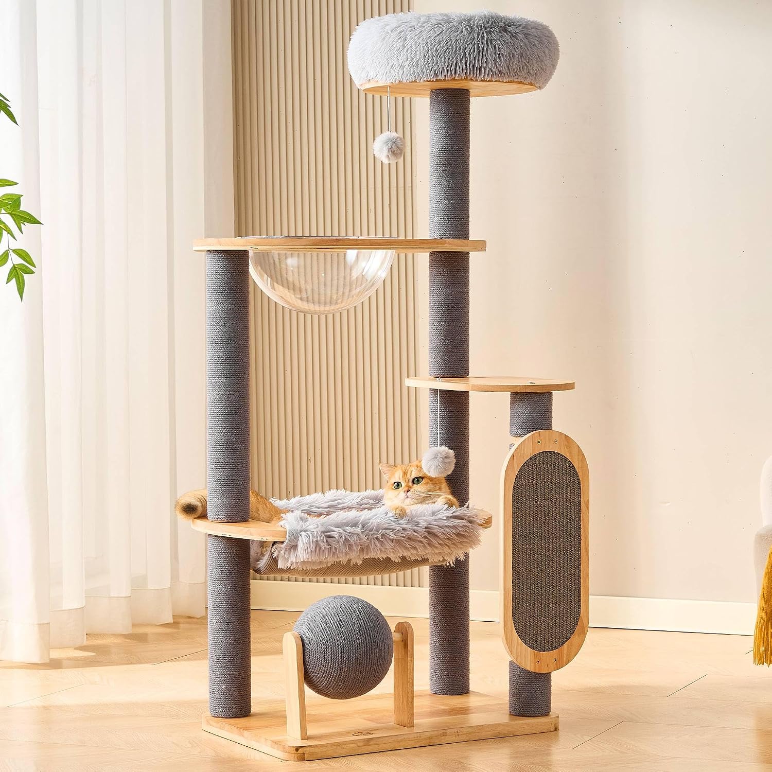 HITTITE Solid Wood Cat Tree Tower with Scratching Post, 52 Inches Tall Cat Towers with Scratching Board and Scratcher Ball, Modern Cat Tower with Space Capsule and Removable Top Bed for Indoor Cats