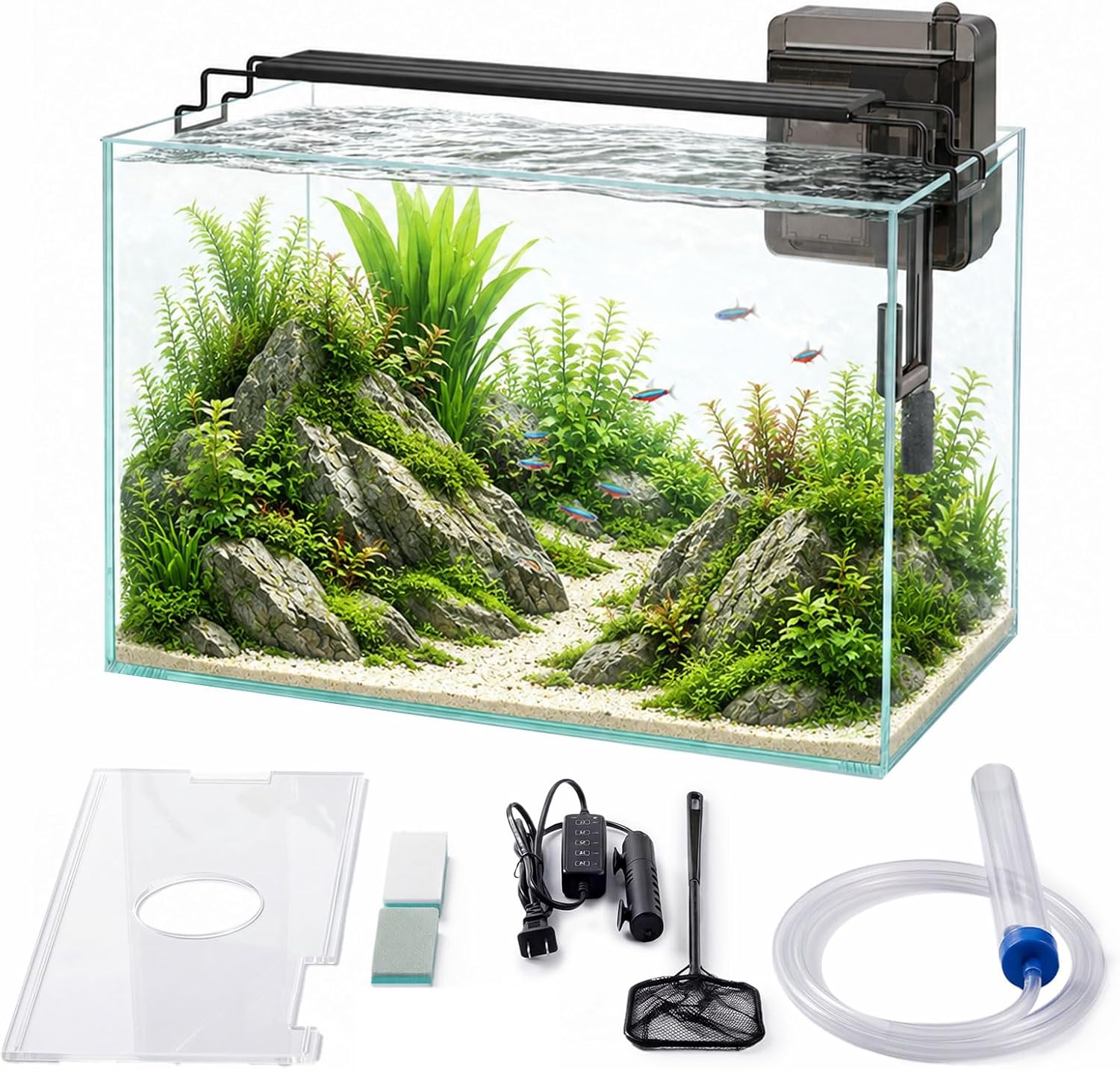 10 Gallon Glass Aquarium Kit, Rimless Fish Tank with LED & Filter, Clear