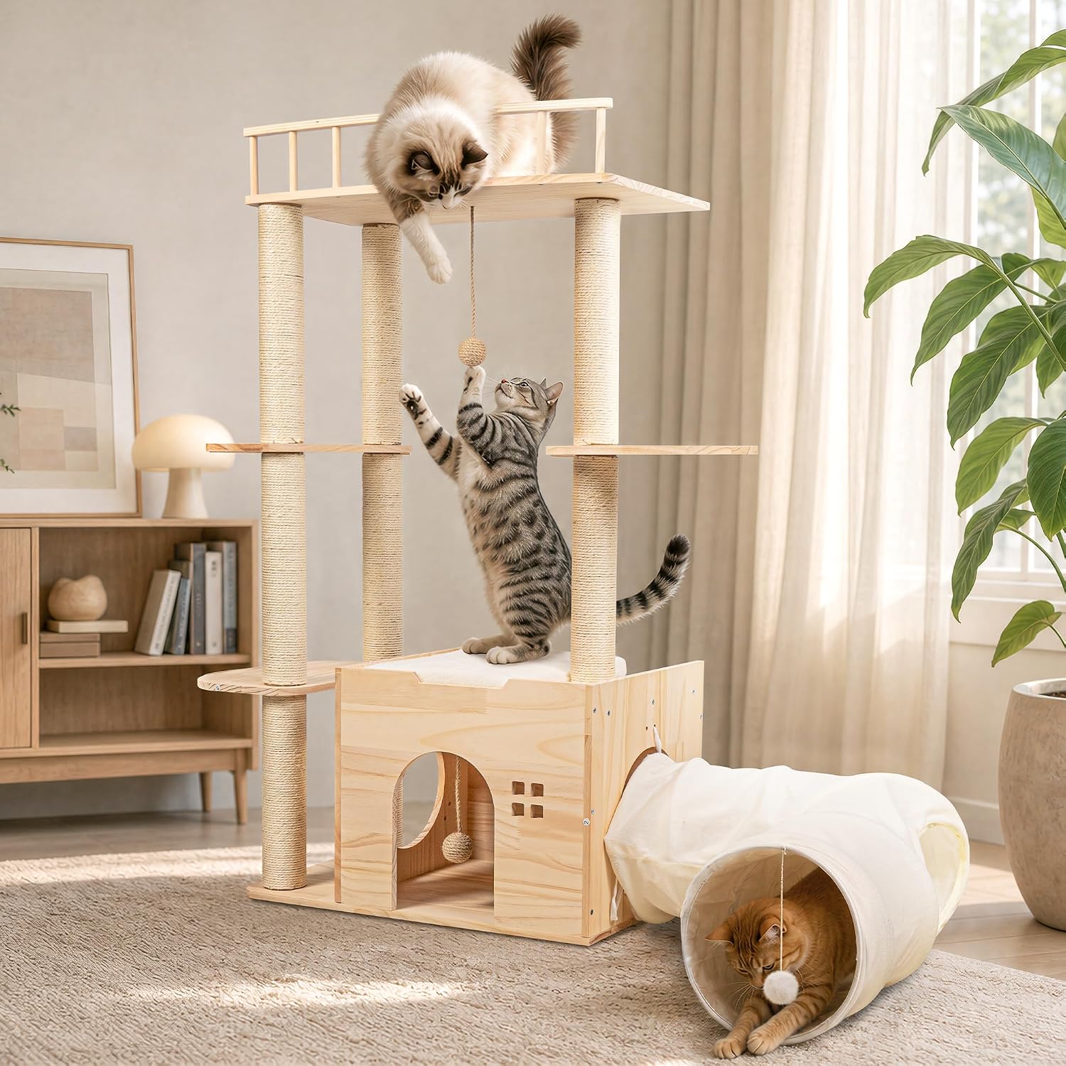 45 Inch Solid Wood Cat Tree, Modern Cat Tower for Indoor Cats, Cat Condo with Single Tunnel, Sisal Scratching Posts, High Perch Platform, Washable Cushion, Hanging Balls, Natural