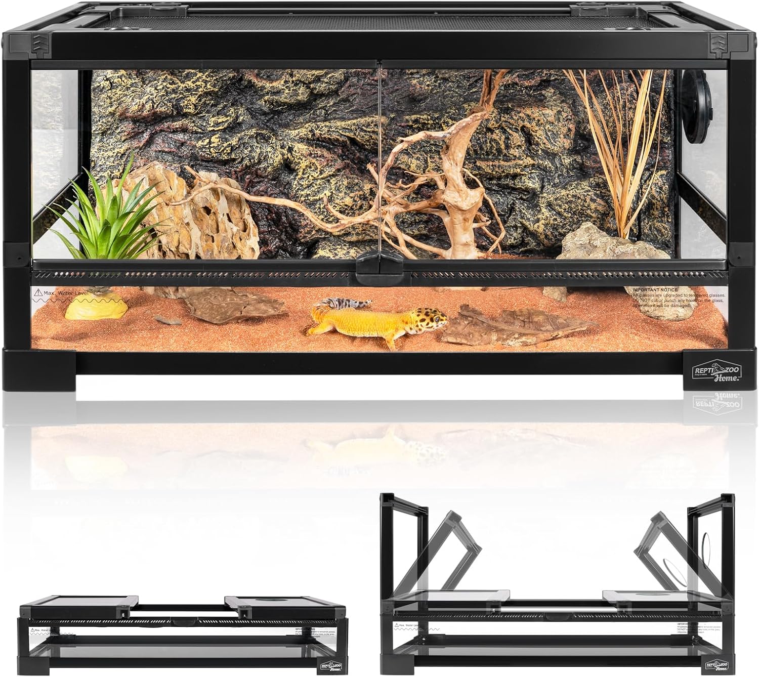 15 Gallon Full Glass Reptile Tank, Quick Fold Reptiles Enclosure with Waterproof Base, Top Screen Ventilation, 24″ x 12″ x 12″ Front Opening Terrarium for Gecko, Lizard, Hermit Crab, Frog