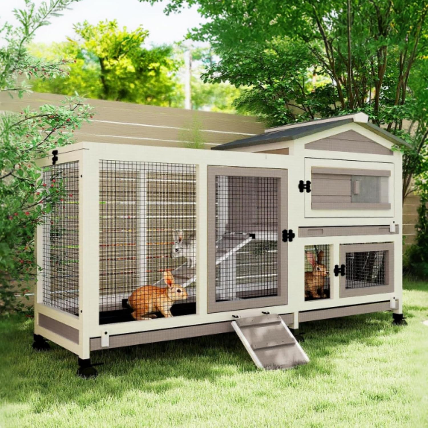 2 Story Rabbit Hutch Outdoor Indoor, Wooden Bunny Cage with 6 Lockable Wheels, 3 Removable No Leakage Pull Out Trays, Chew-Proof Ramp & Waterproof Roof, Ideal for Rabbit & Guinea Pig