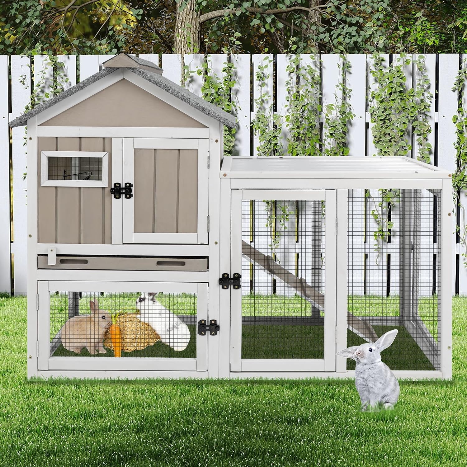 Ketive 48″ L 2-Story Rabbit Hutch, Chew-Resistant Ramp, Expandable