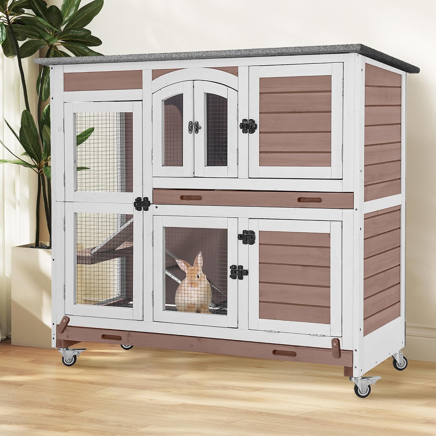 2-Story Rabbit Hutch with Wheels, Bunny Cage with Two Deepened Leak-Proof Trays, Indoor Outdoor Guinea Pig Cage with Waterproof Asphalt Roof – Brown