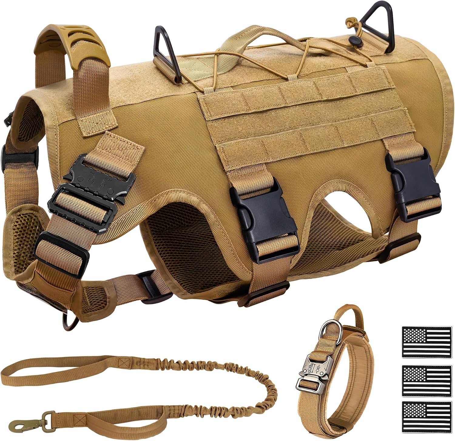 Tactical Dog Harness for Large Dog, Dog Collar and Bungee Leash Set No-Pull Military Dog Harness – Walking Training Gear for Large Dogs, Adjustable for Medium,Chest 21.5″-45″, Khaki