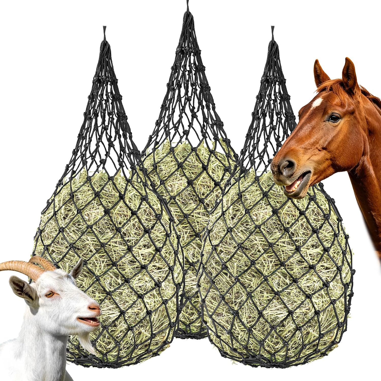 Eilyliafe 3 Pack Hay Nets for Horses, Slow Feed Hay Bags for Horses Goats with 2.3 Inch Holes, Hanging Hay Feeder for Stable Trailer Pasture (Black)