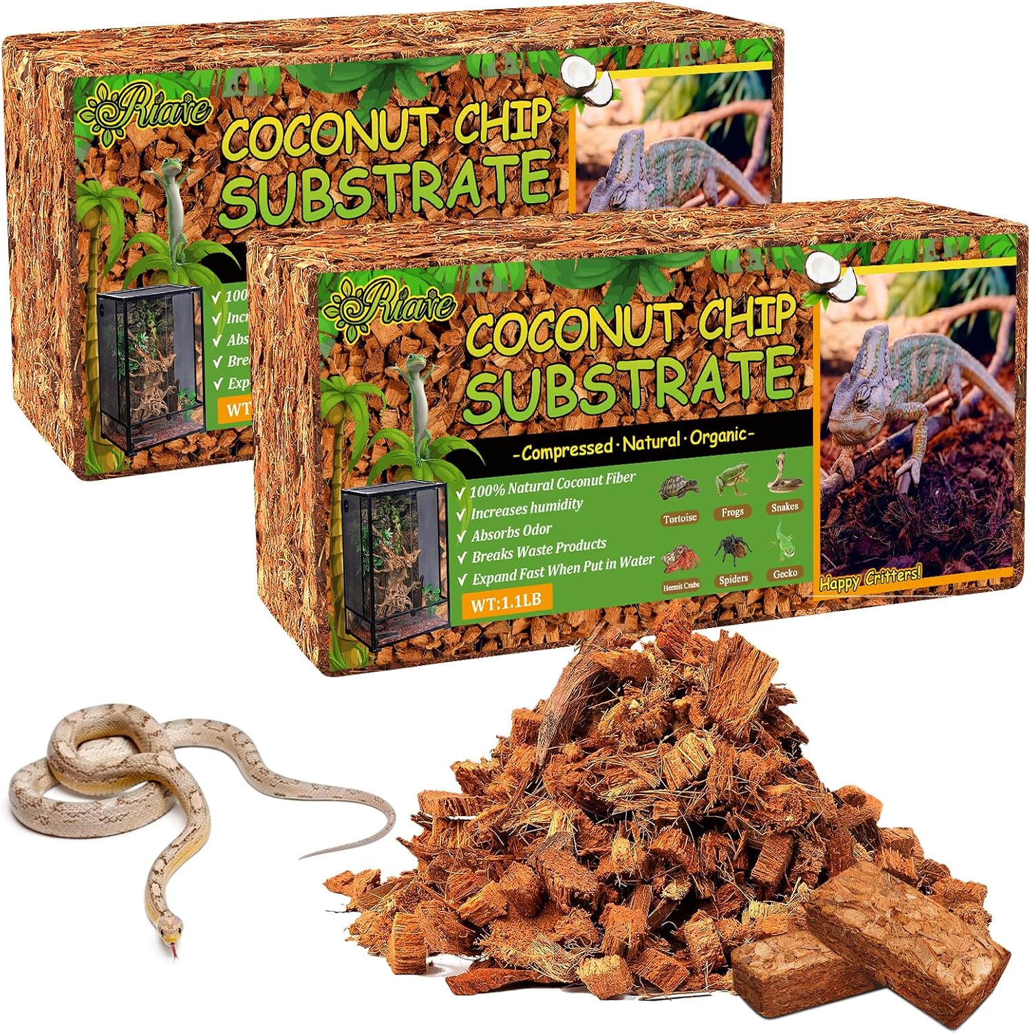 Riare 2Pack Coconut Husk Chip for Reptiles, 2.2 LB Coconut Fiber Substrate