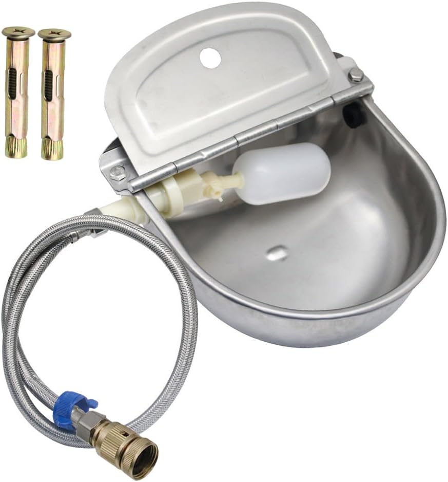 Automatic Livestock Waterer, 304 Stainless Steel with Float Valve, Animal Watering Bowl for Dogs, Horses, Goats, Cattle, Pigs & Chickens, Wall & Ground Mount, Includes 3/4″ Adaptor & Water Pipe