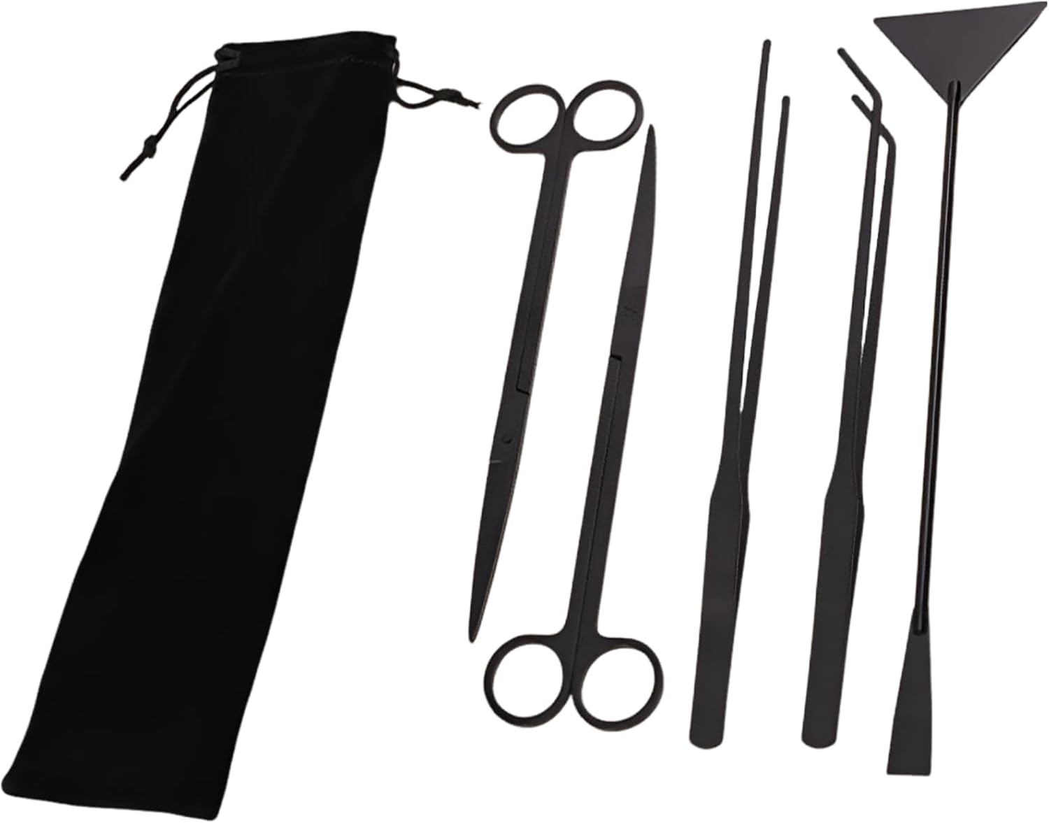 5 Pcs Aquarium Tools Kit, Long Black Stainless Steel Aquascaping Tool Set, for Aquatic Plants, Includes Flat Sand Shovel, Straight & Curved Tweezers, Scissors, Anti-Rust
