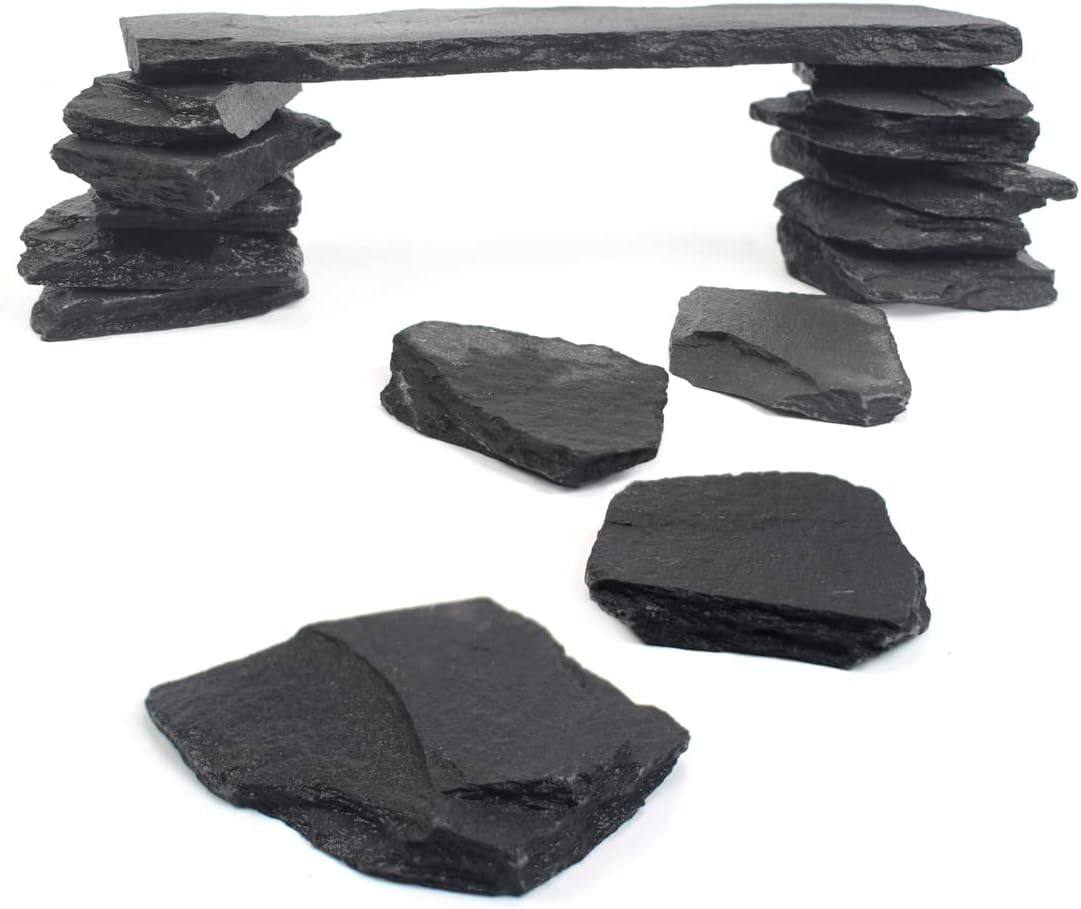 Natural Slate Stone Rocks, Mix of Stones 2 to 3 inches and 1 piece About 8 inches – for Aquariums and Terrariums, Aquascaping (3 Pounds)