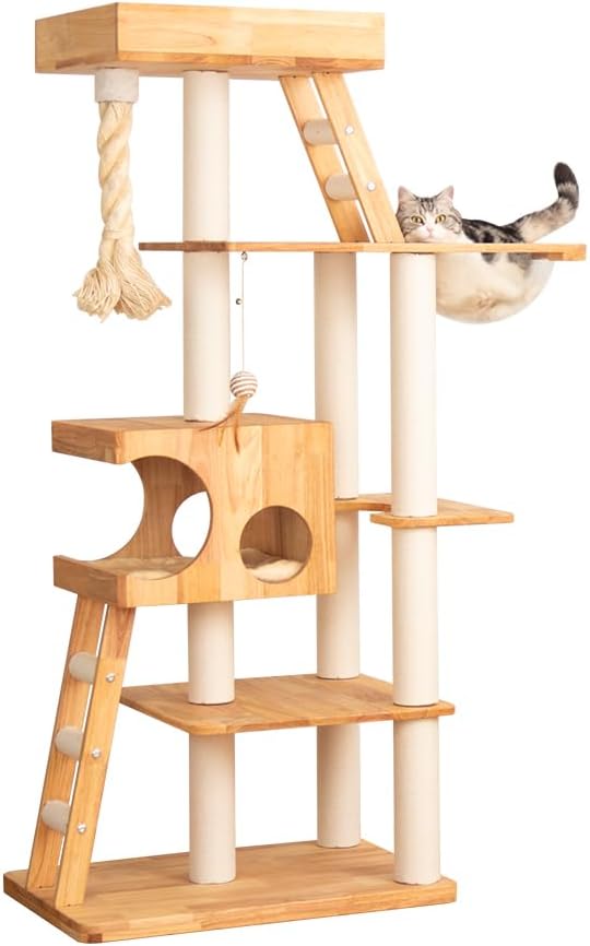 61.8″ Wood Cat Tree Tower for Large Cats, Acrylic Bowl & Ladder