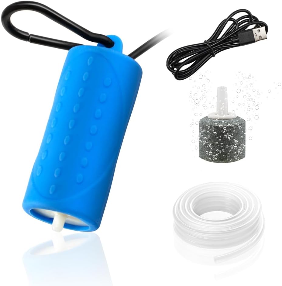 DaToo USB Mini Aquarium Air Pump Ultra Quiet Fish Tank Air Pump with Black Hanging Clasp Portable Aquarium Oxygen Aerator Pump Includes Fish Tank Airline Tubing and Air Stone(1W/2W/3W)
