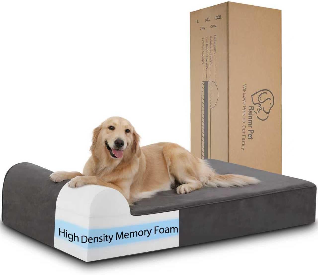 Rainmr Orthopedic Dog Beds for Large Dogs, 7″ Memory Foam Dog Beds with Waterproof Liner, Durable Microsuede Cover, Removable and Washable, Nonskid Bottom, 48″x30″x7″ L Grey