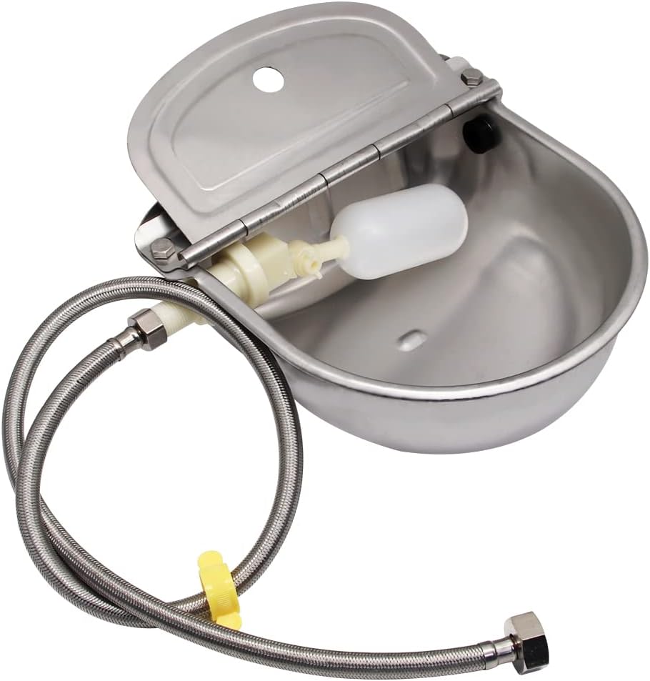 304 Stainless Steel Automatic Livestock Waterer with Float Valve & 3/4” Water Hose – Self-Filling Drinking Bowl for Dog, Cat, Chicken, Cow, Horse, Goat, Sheep & Pig