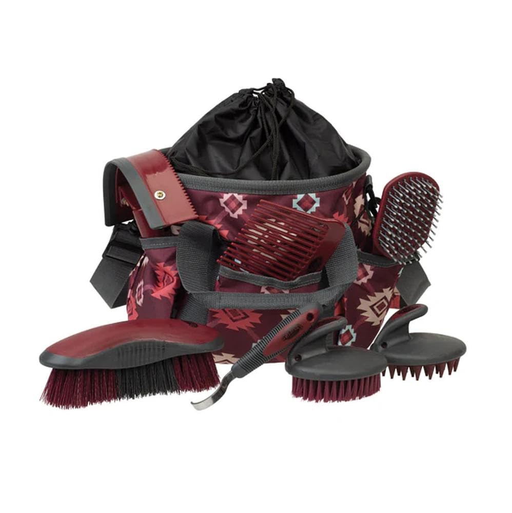Weaver Equine Horse Grooming Kit, 7-Piece Horse Brush Set with Organizer Tote Bag, Hoof Pick, Comb, Sweat Scraper, Equine Tools for Daily Grooming, Plaid Aztec