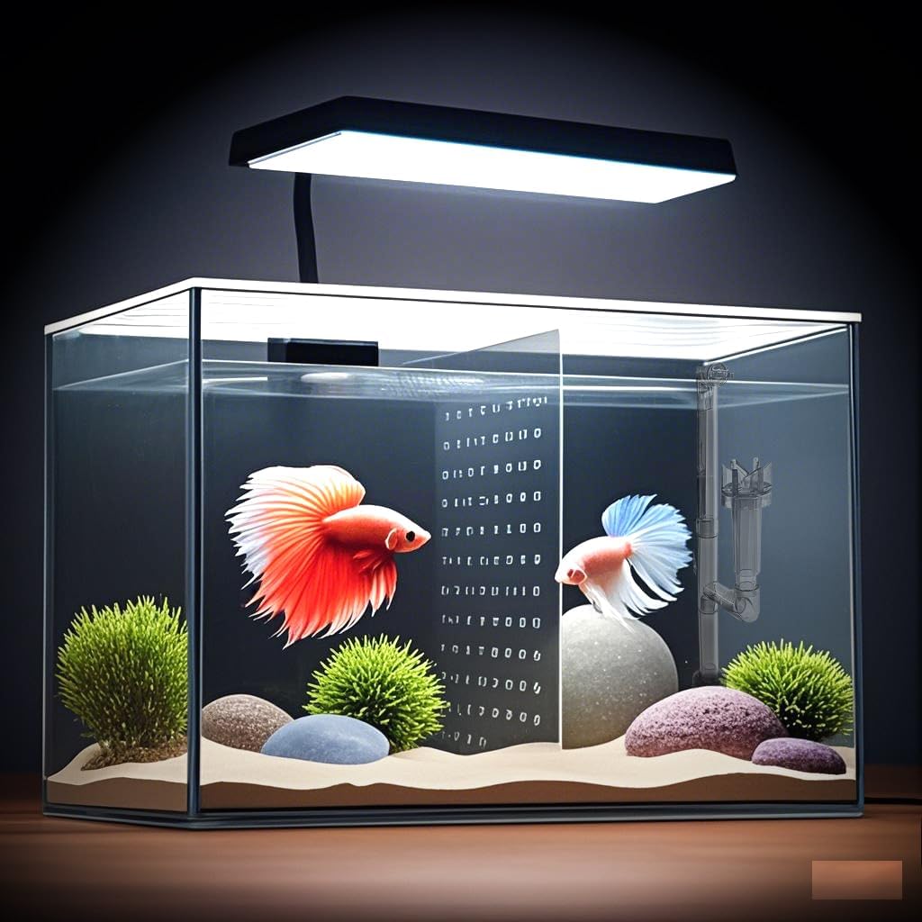 3 Gallon 12.6” L Fish Nano Glass Aquarium, with Separator Plate for Betta, Multi-Functional Square Fish Tank with Filter, LED Light, Black 4mm Glass