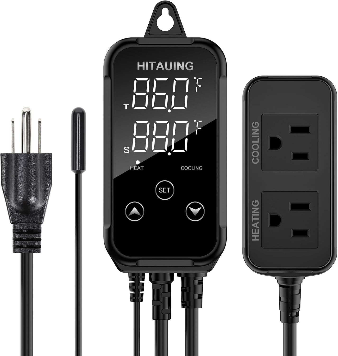 HiTauing Digital Temperature Controller, Aquarium Heater Reptile Thermostat Heating and Cooling Dual Outlet with Seawater-Resistant Probe for Fish Tanks, Reptile Tanks, Greenhouse & Seedling Mat