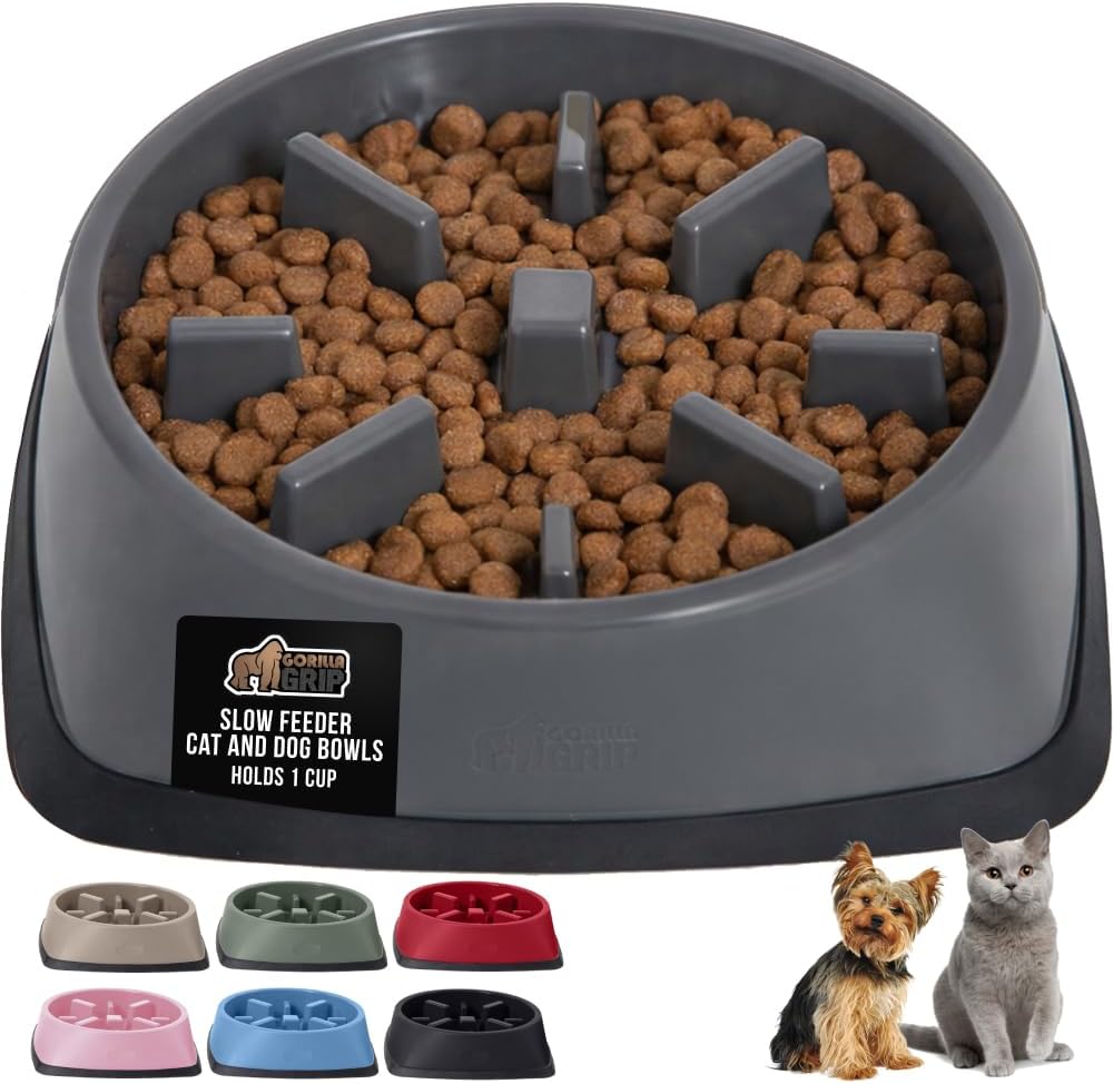 GORILLA GRIP® Patented Slow Feeder Dog and Cat Bowl, BPA Free, 1 Cup Gray