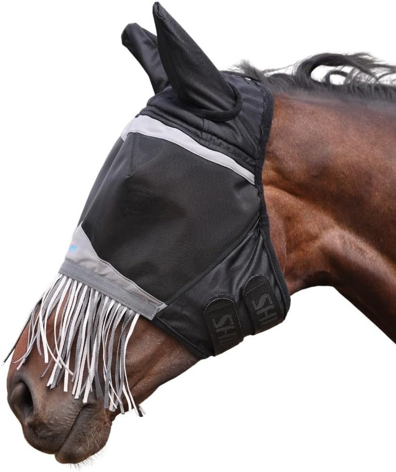 Shires FlyGuard Pro Fine Mesh Fly Mask with UV Protection Jet/Full/Ears and Nose Fringe