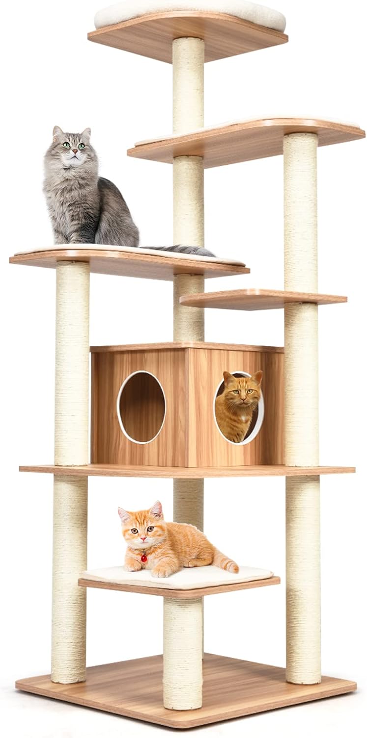 PETSITE 69 Inches Tall Cat Tree, Modern Wooden Cat Tower with Sisal Scratching Posts, Double-Entry Cat Condo, Multiple Jumping Platforms with Removable Soft Pads, Ideal for Indoor Cats Large Adult