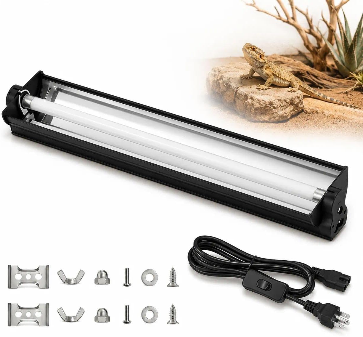 T5 UVB Reptile Light Fixture 8W 10.0, 12 Inch UVB Light for Reptiles with T5 UVB Bulb, Reflector Hood, Power Cord and Mounting Accessories for Turtle Lizard Bearded Dragon Tank