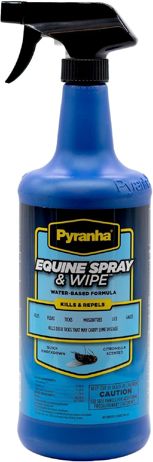 Pyranha Equine Spray and Wipe Fly Repellent for Horses – Water-Based Formula with Citronella Scent, Long-Lasting, Dust-Free, No Shake Required, Quart