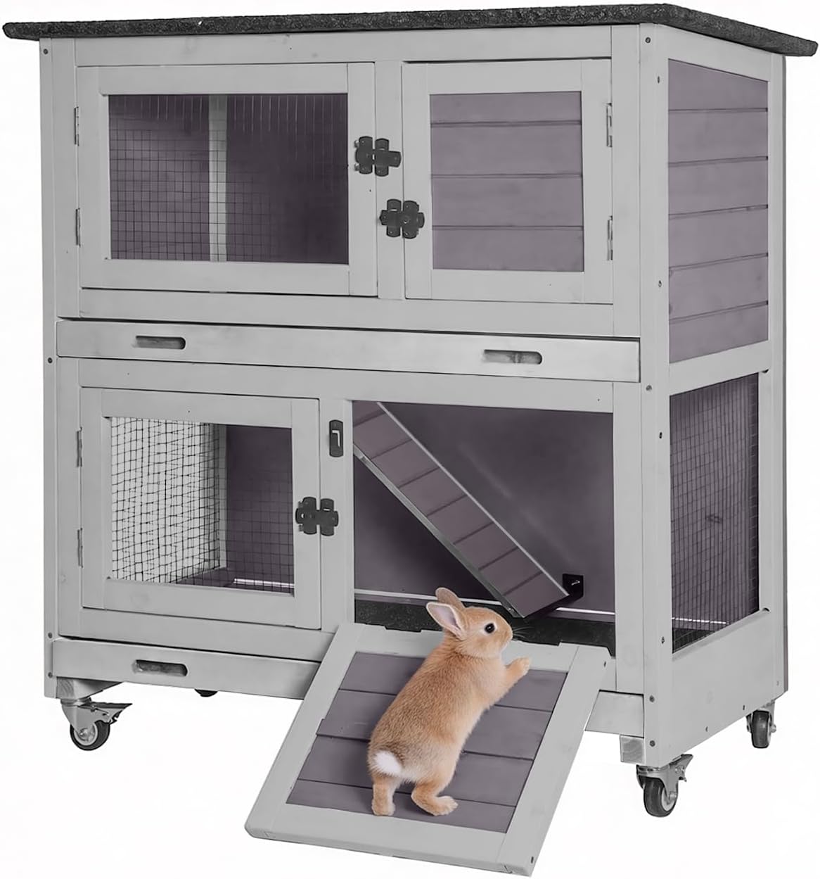 GUTINNEEN 2-Story Rabbit Hutch for 1-2 Bunnies – Indoor Outdoor Wooden Guinea Pig Cages with 4 Wheels, 2 Pull-Out Trays, 5 Doors & Waterproof Asphalt Roof, Gray