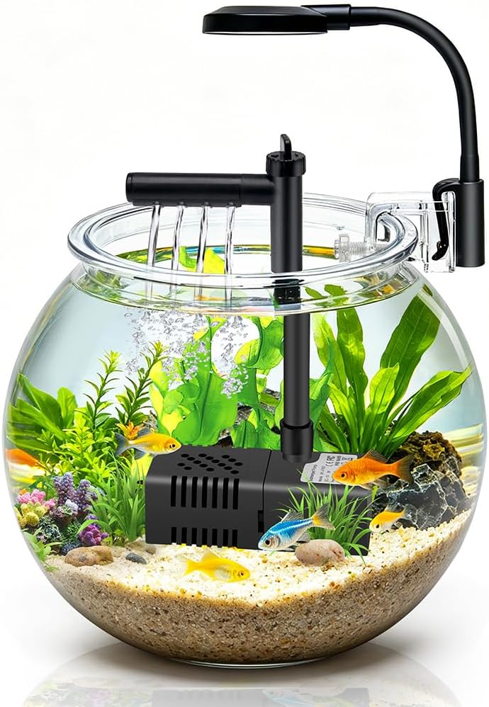DaToo 1 Gallon Mini Fish Bowl Kit Impact-Resistant Plastic Aquarium Starter Kits with USB Filtration System and Lighting for Betta Fish Tank Goldfish Bowl Tabletop or Desktop Display